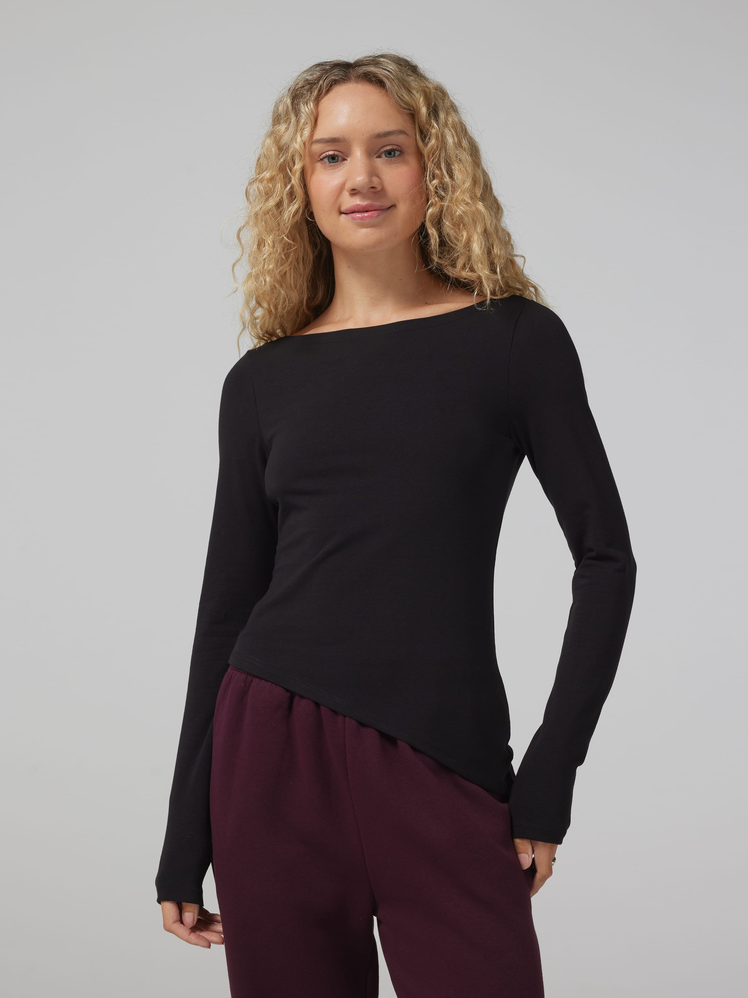 Long Sleeve Boatneck Asymmetrical Top