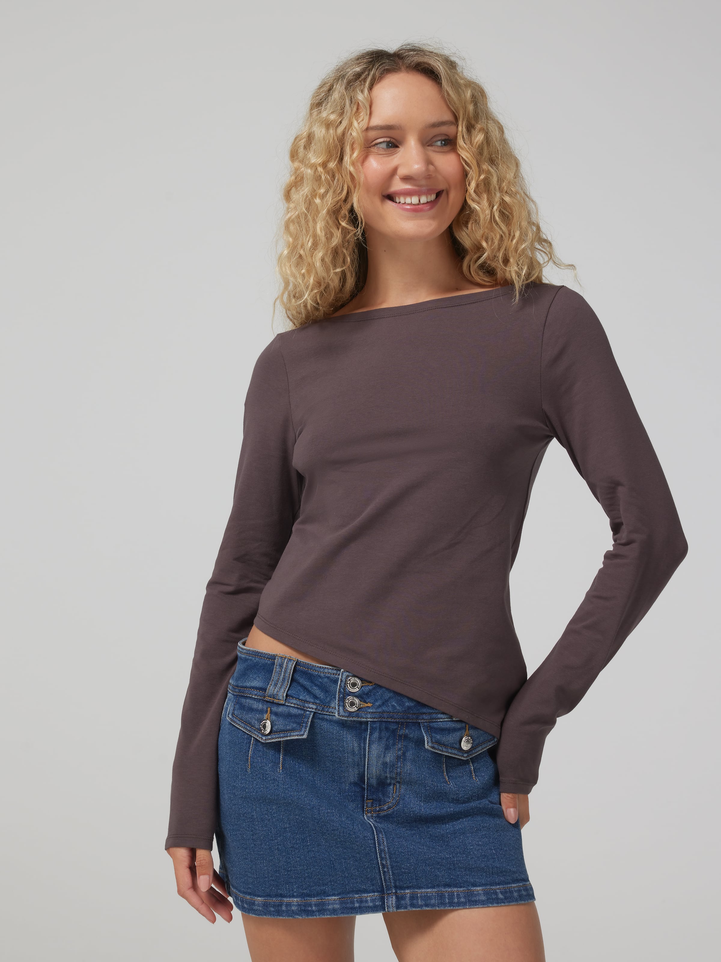 Long Sleeve Boatneck Asymmetrical Top