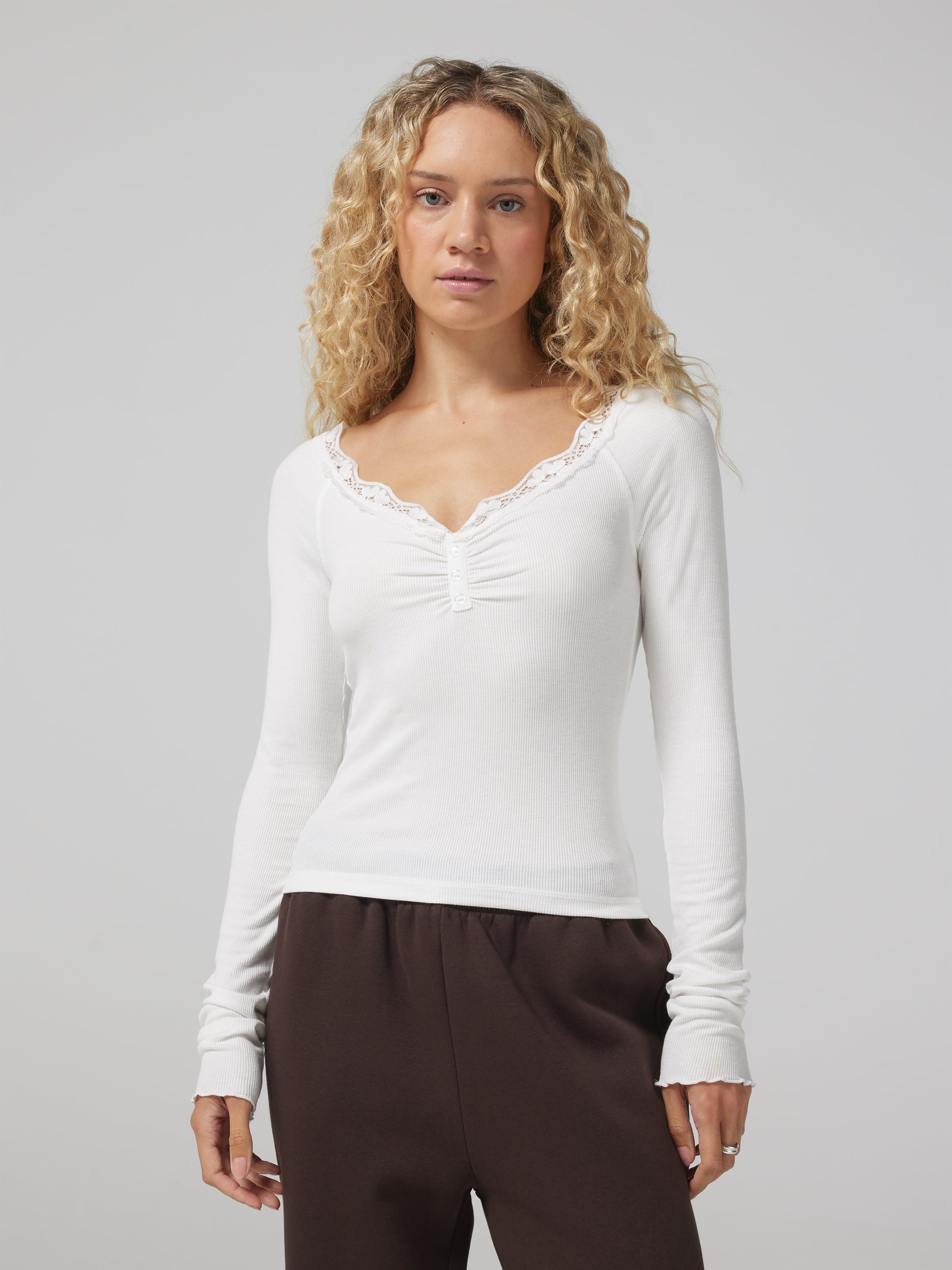 Lace Trim Long Sleeve Henley Top