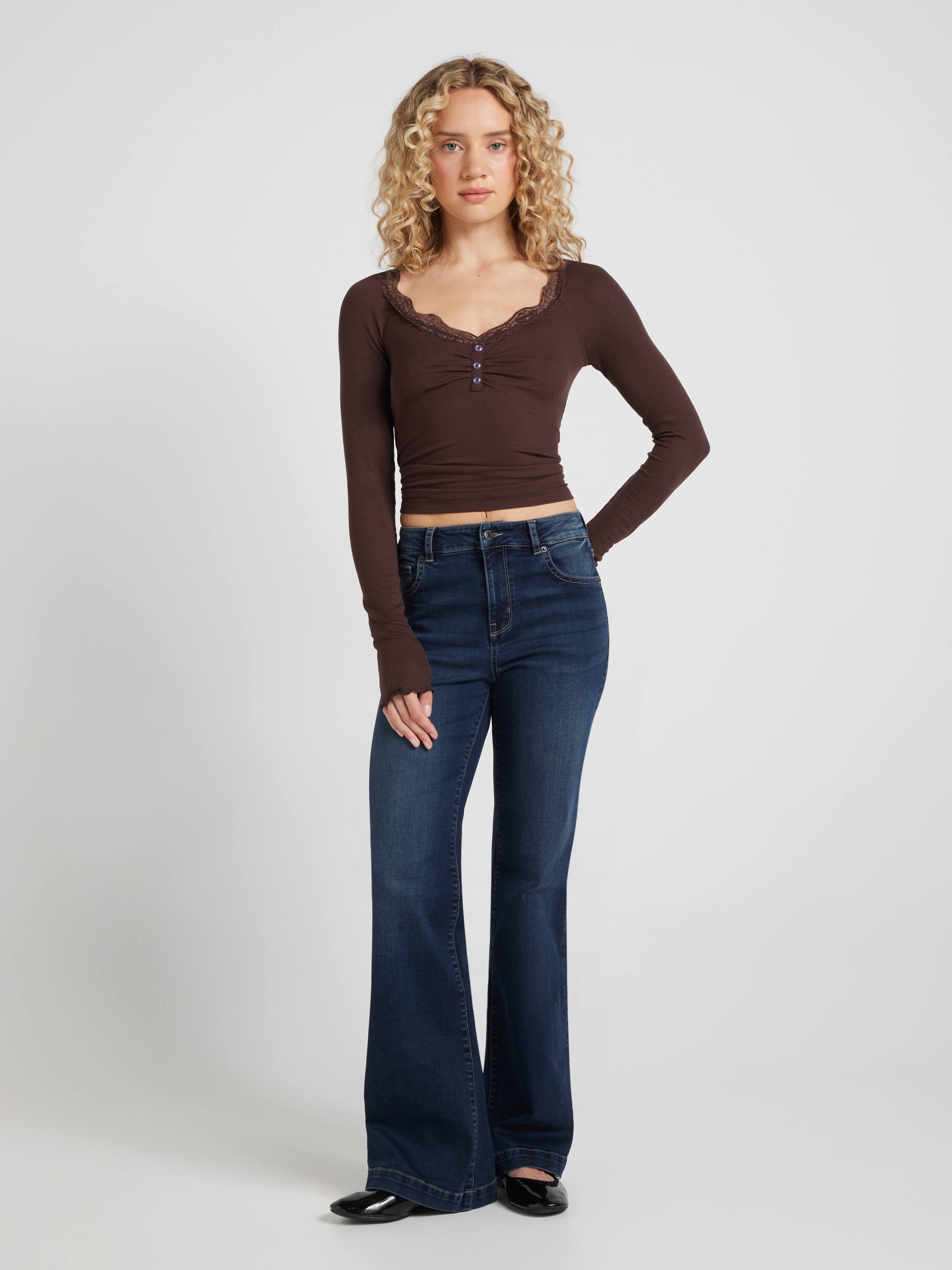 Lace Trim Long Sleeve Henley Top
