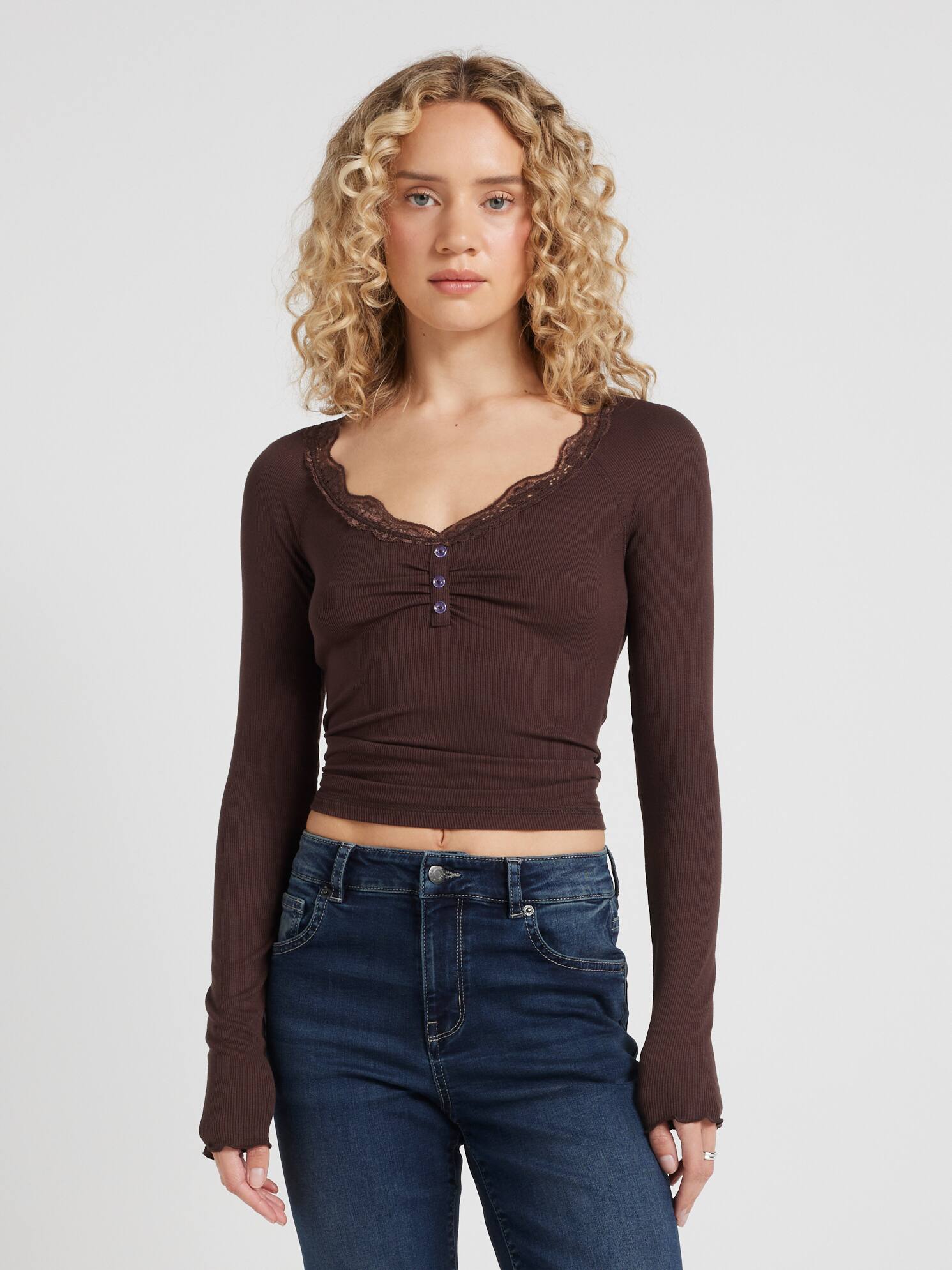 Lace Trim Long Sleeve Henley Top