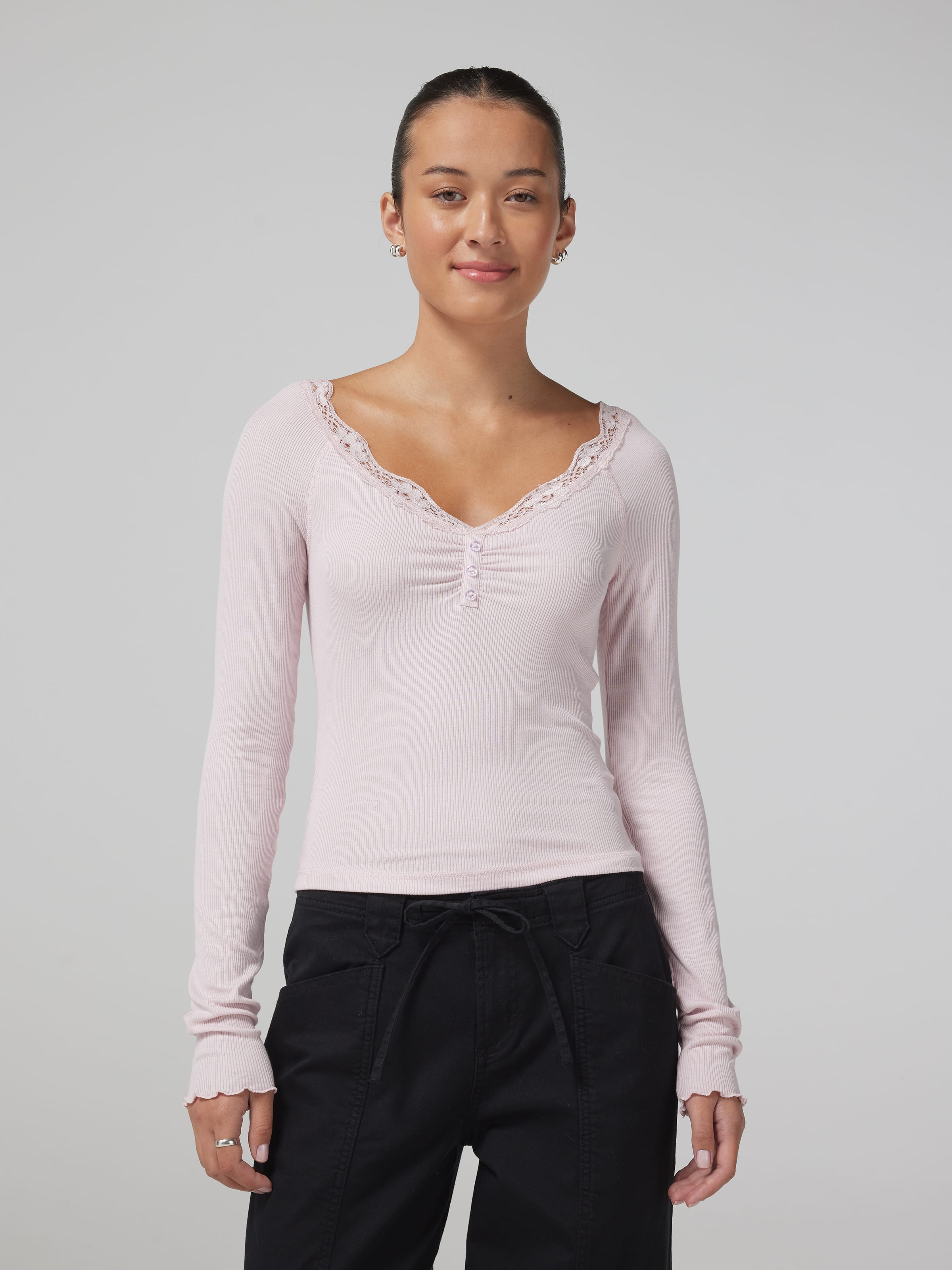 Lace Trim Long Sleeve Henley Top