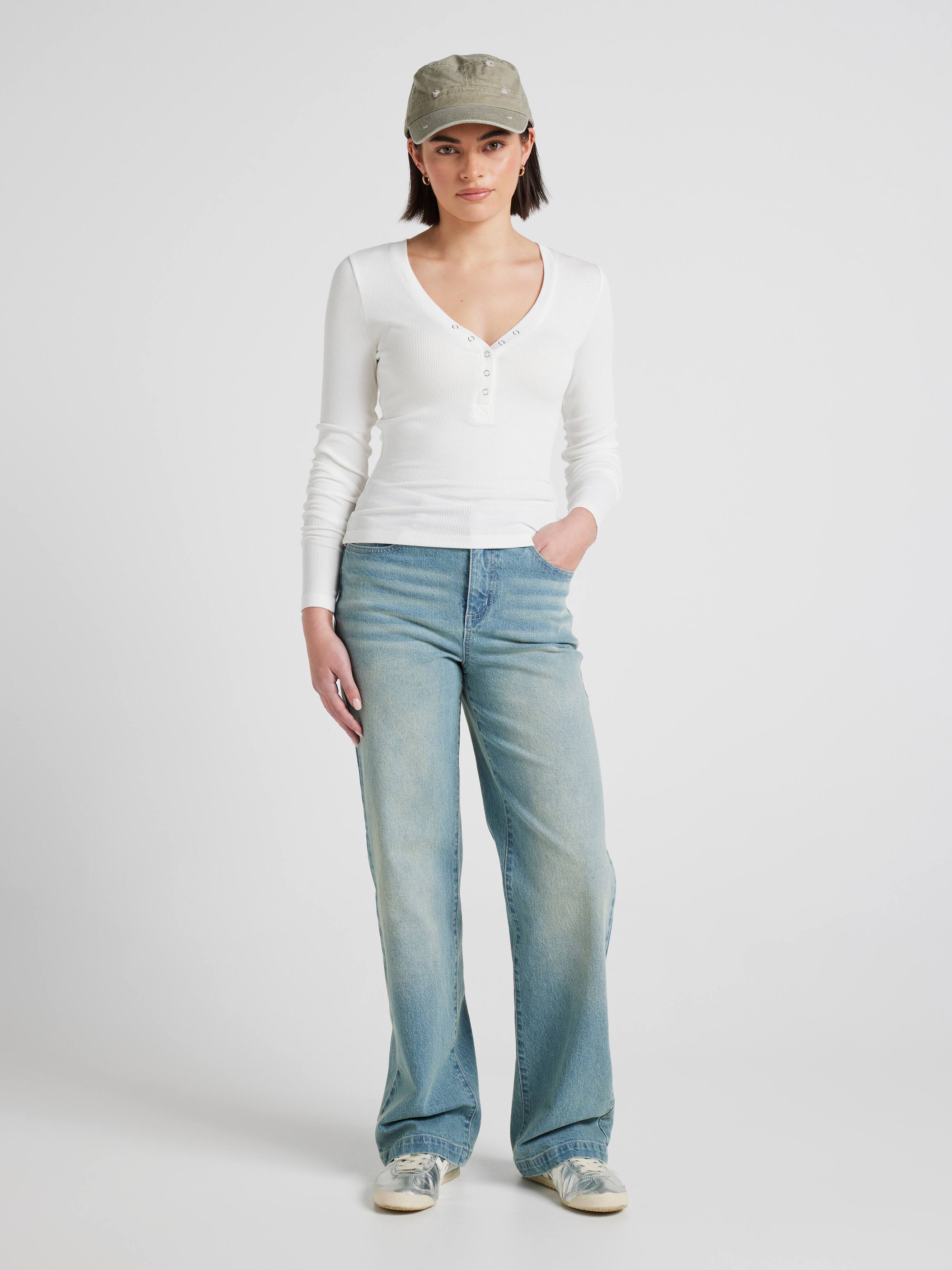 Ribbed Henley Long Sleeve Top