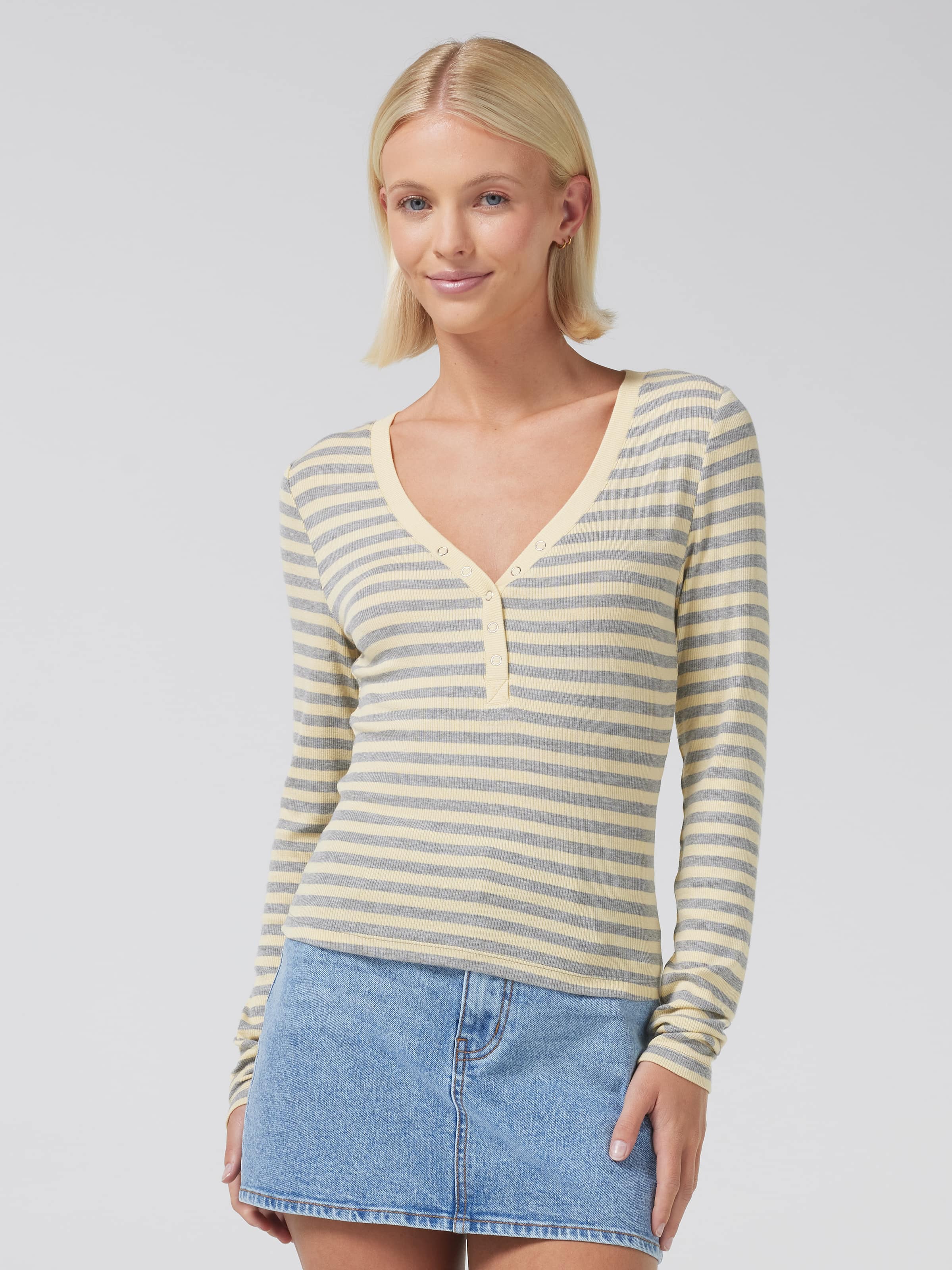 Ribbed Henley Long Sleeve Top