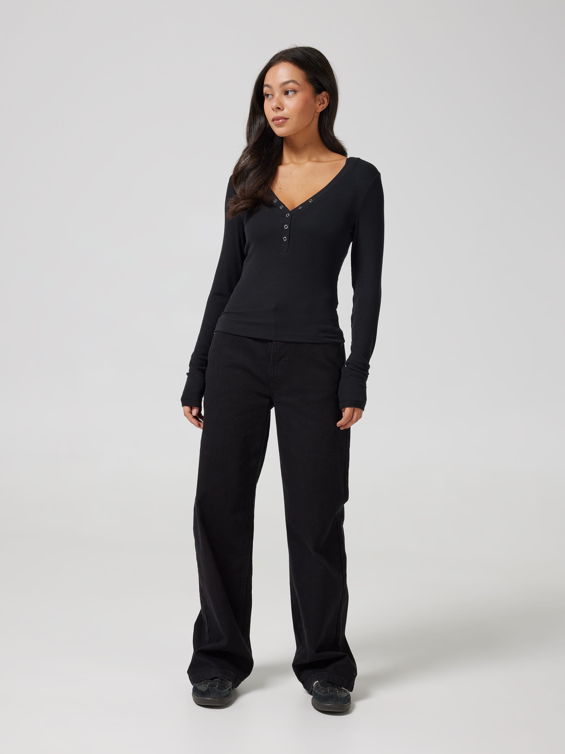 Ribbed Henley Long Sleeve Top