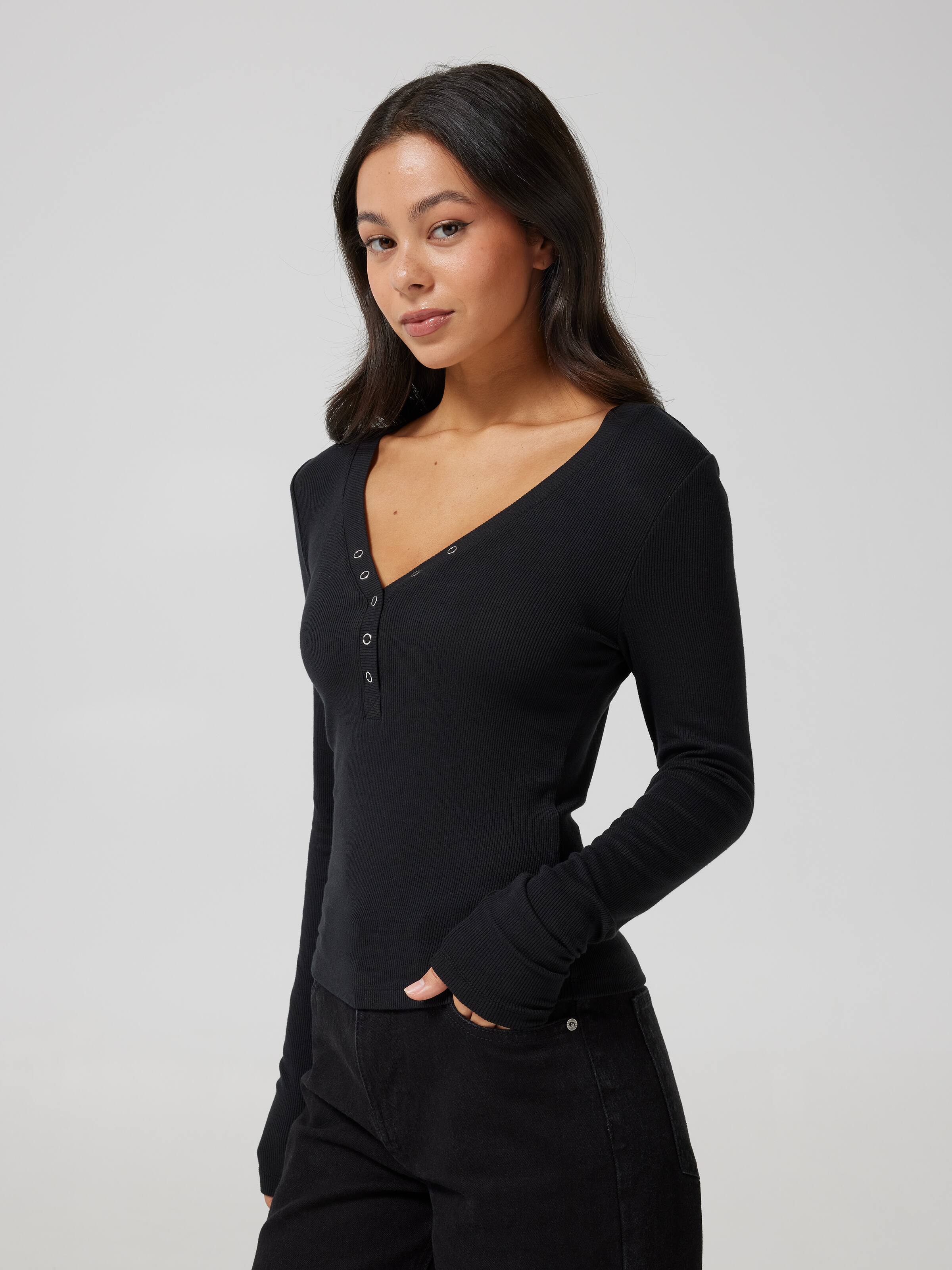 Ribbed Henley Long Sleeve Top