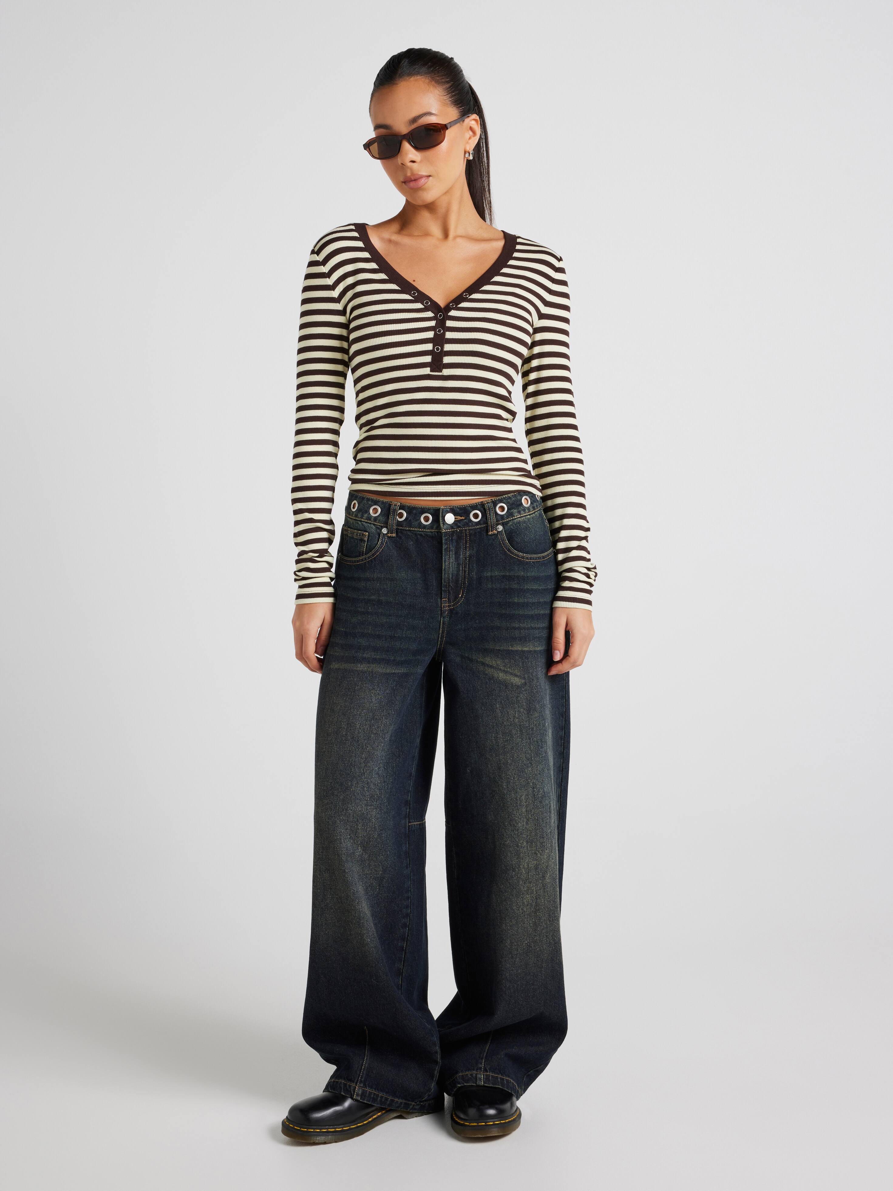 Ribbed Henley Long Sleeve Top