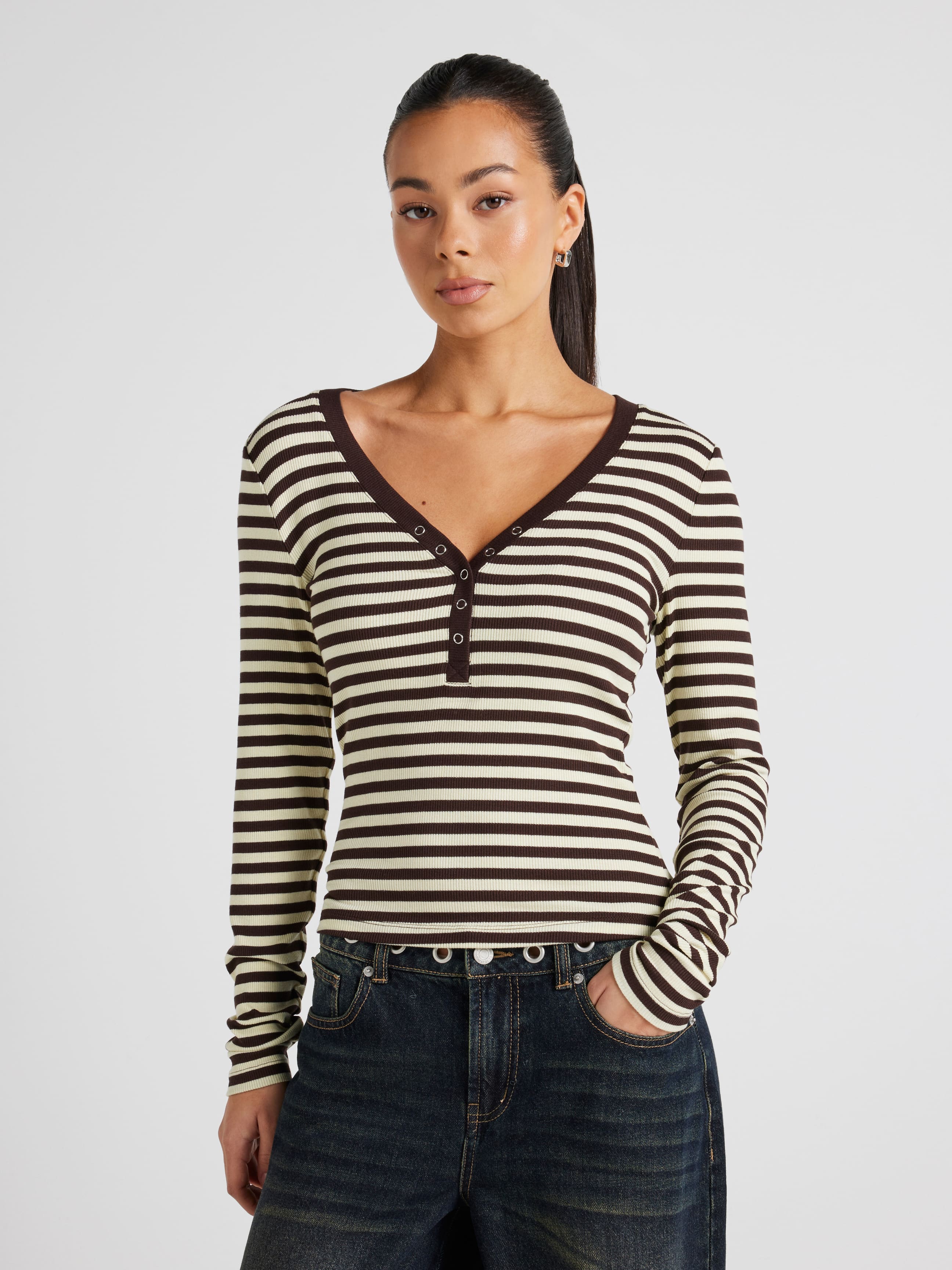 Ribbed Henley Long Sleeve Top