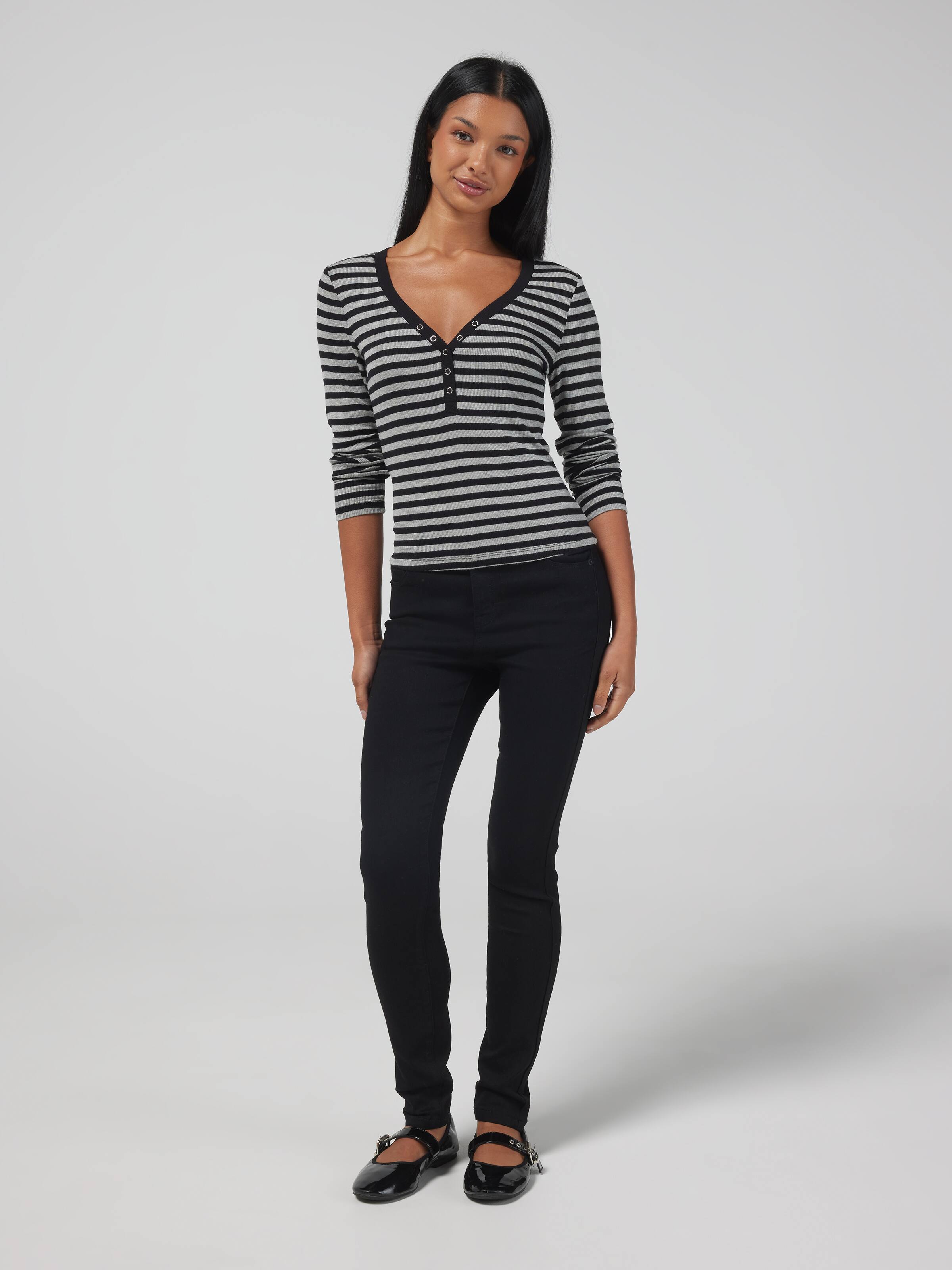 Ribbed Henley Long Sleeve Top