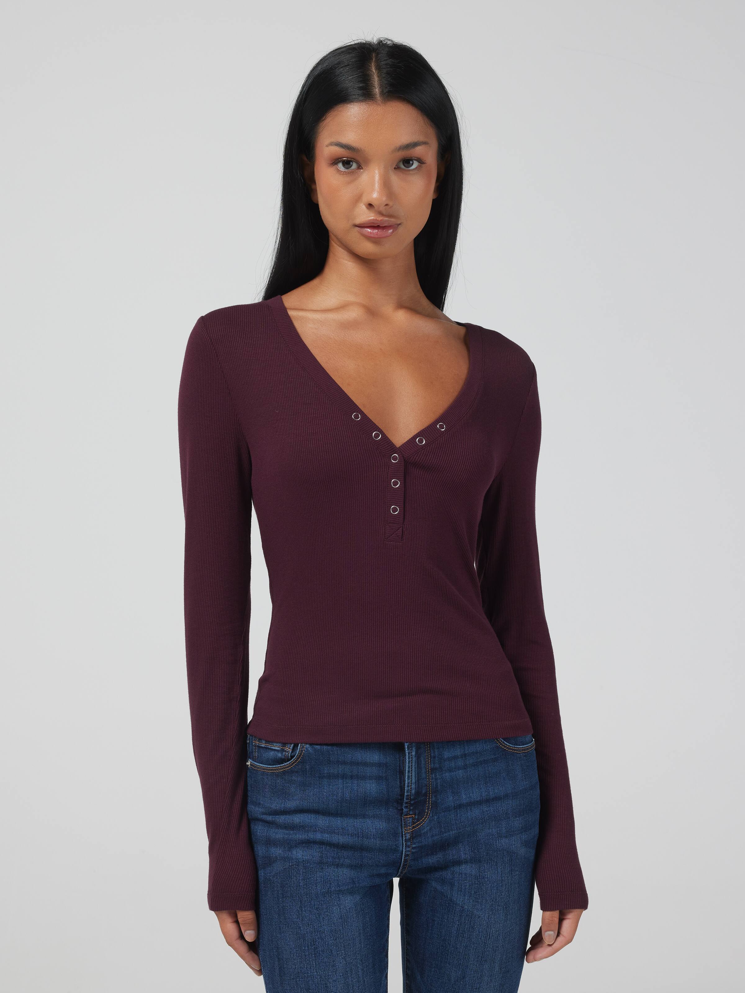 Ribbed Henley Long Sleeve Top