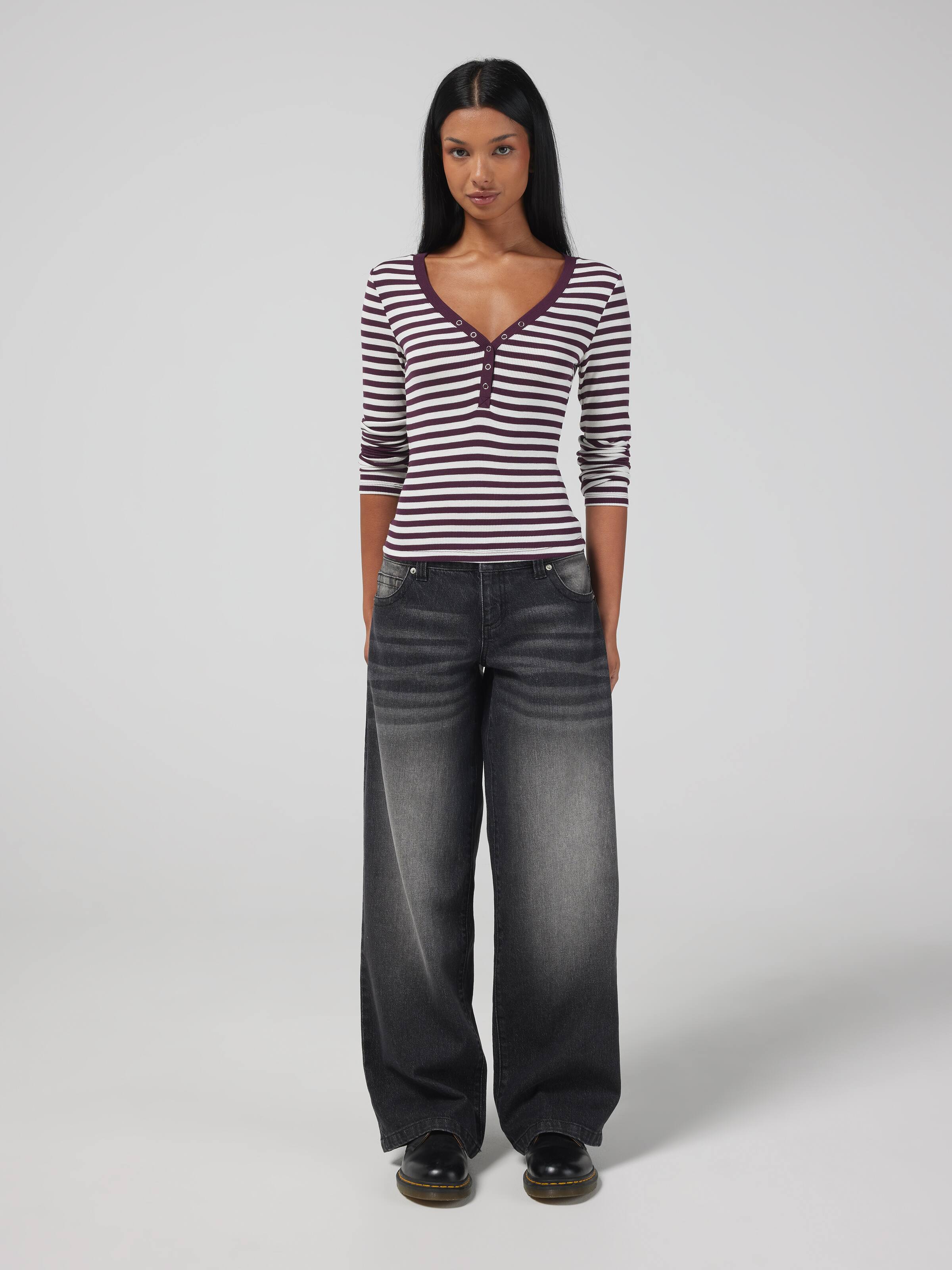 Ribbed Henley Long Sleeve Top
