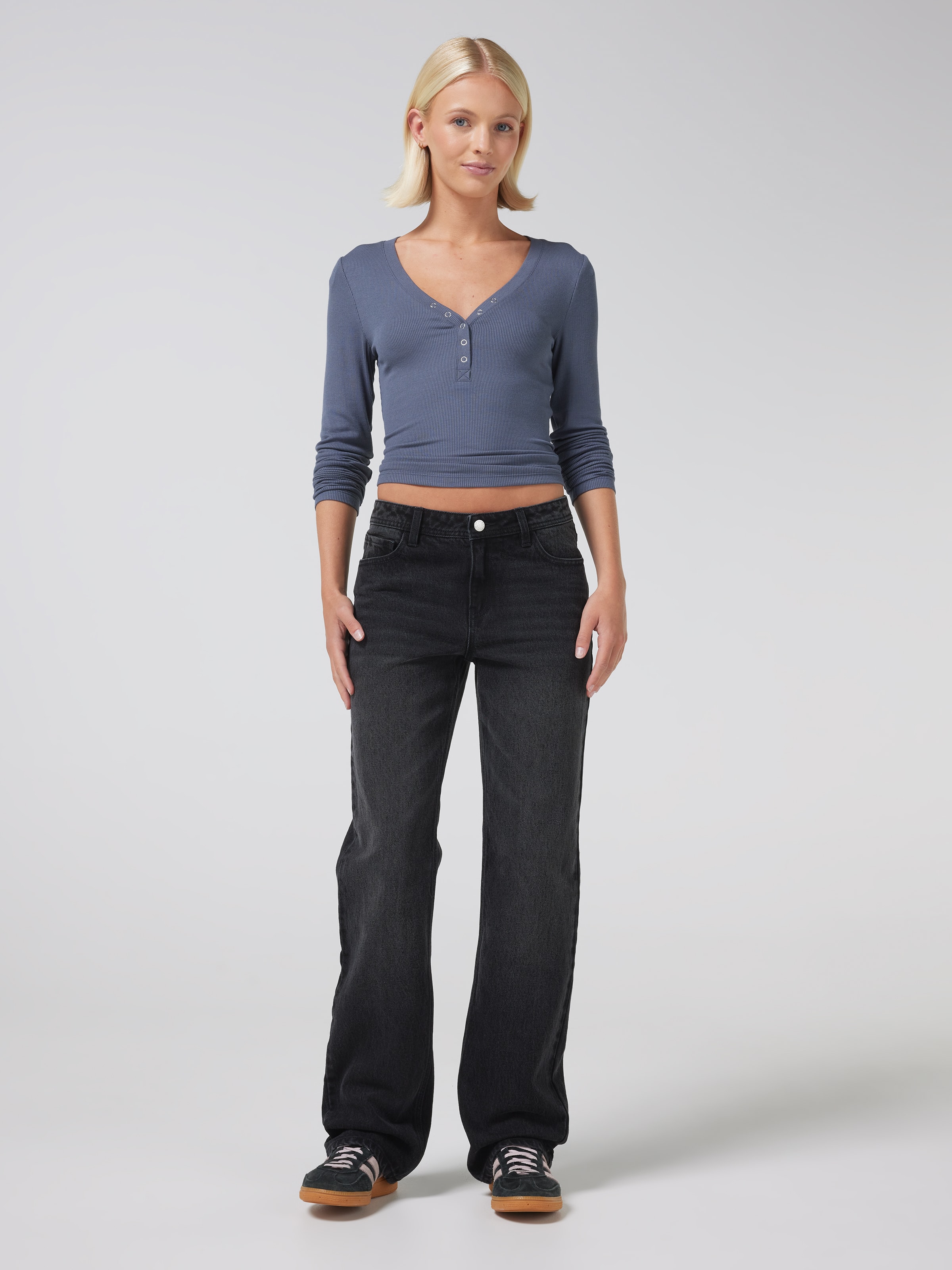 Ribbed Henley Long Sleeve Top