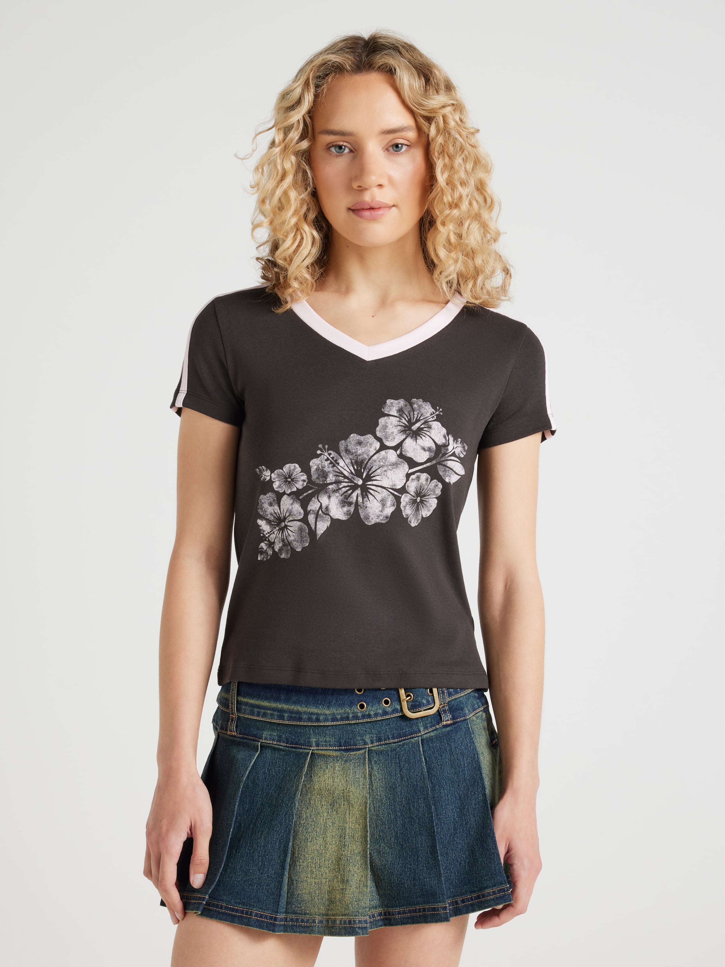 Retro Hibiscus Sport V Neck Baby Tee