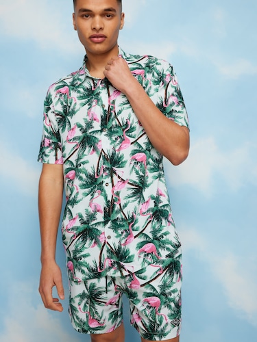 Mint Wildlife Flamingo Palm Resort Shirt                                                                                        
